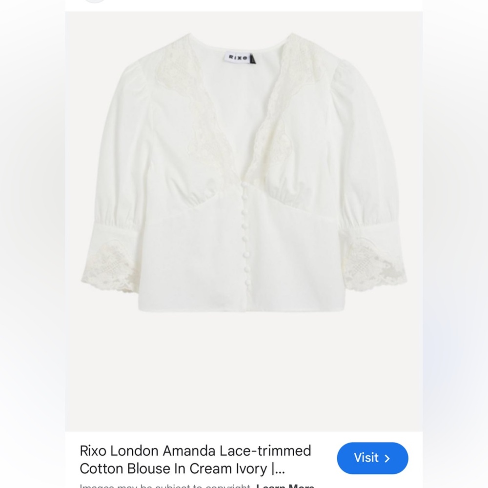 RIXO Cream Lace-Trim V-Neck Cotton Blouse